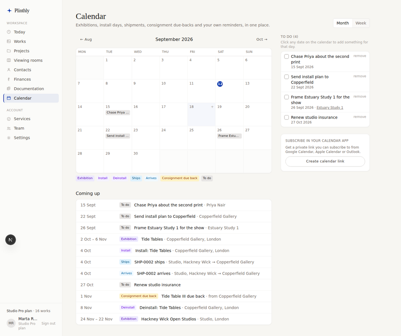 Openings, install days, shipments and due-backs — pulled onto one calendar automatically