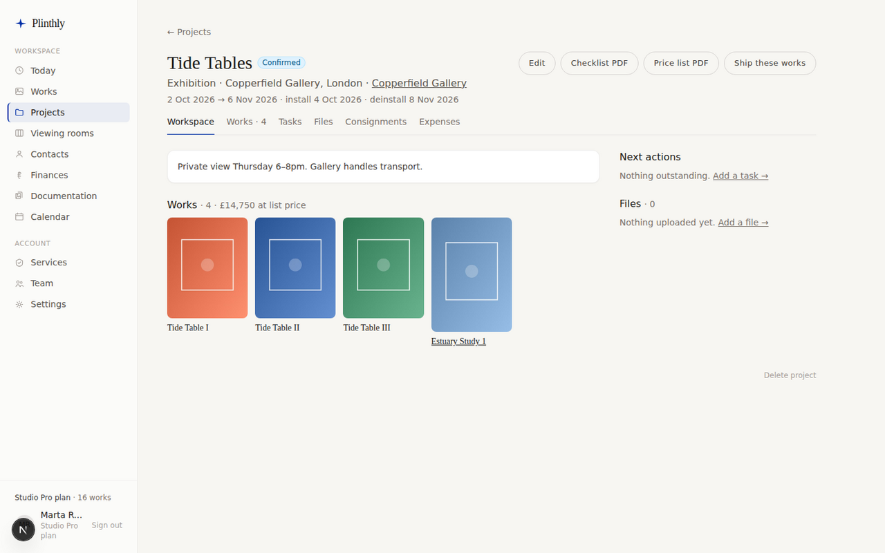 An exhibition with its works, checklist and price-list PDFs ready to send